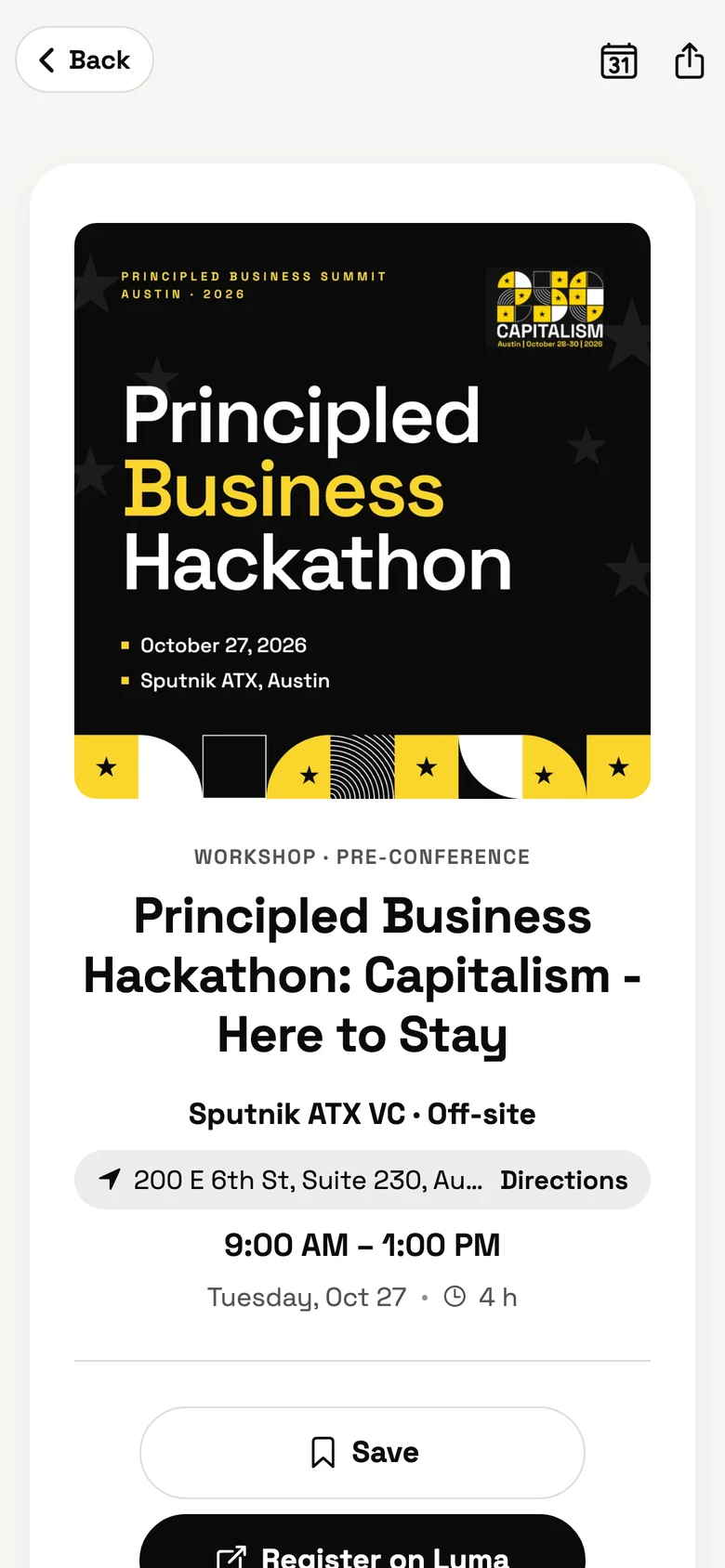A pre-conference event in the Summit app, with its Register on Luma button
